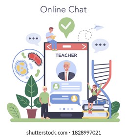 Biology school online service or platform. Scientist exploring human and nature. Anatomy and botany lesson. Online chat with professor. Vector illustration