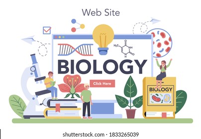 Biology school online service or platform. Scientist exploring human and nature. Anatomy and botany lesson. Website. Vector illustration