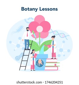 Biology school subject concept. Botany lesson. Scientist exploring nature. Idea of education and experiment. Vector illustration in cartoon style