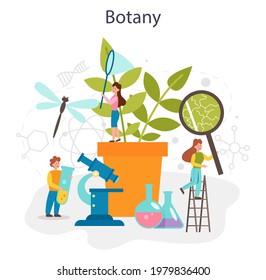 Biology school subject concept. Botany lesson. Scientist exploring nature and plants. Idea of education and experiment. Vector illustration in cartoon style