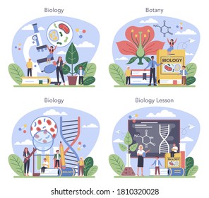 Biology school subject concept set. Scientist exploring human and nature. Anatomy and botany lesson. Idea of education and experiment. Vector illustration in cartoon style