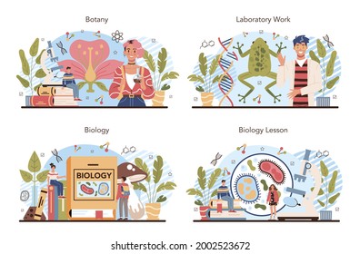 Biology school subject concept set. Students exploring nature and living organism structure. Anatomy and botany lesson. Idea of academic education. Vector illustration in cartoon style