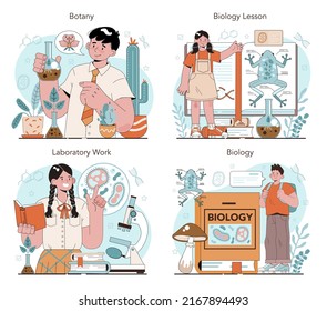 Biology school subject concept set. Students exploring nature and living organism structure. Anatomy and botany lesson. Idea of academic education. Flat vector illustration