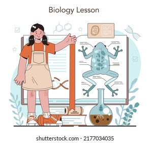 Biology School Subject Concept. Students Exploring Nature And Living Organism Structure. Anatomy And Botany Lesson. Idea Of Academic Education. Flat Vector Illustration