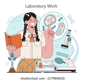 Biology School Subject Concept. Students Exploring Nature And Living Organism Structure. Anatomy And Botany Lesson. Idea Of Academic Education. Flat Vector Illustration