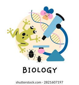 Biology school subject icon with microscope, frog, DNA and insects for education, science and classroom materials. Flat vector illustrations isolated on white background