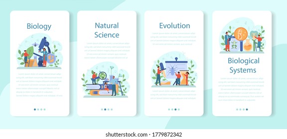 Biology school subject mobile application banner set. Scientist exploring human and nature. Anatomy and botany lesson. Idea of education and experiment. Vector illustration in cartoon style