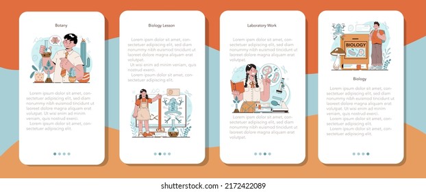 Biology school subject mobile application banner set. Students exploring nature and living organism structure. Anatomy and botany lesson. Idea of academic education. Flat vector illustration