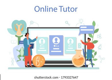 Biology school subject online service or platform. Scientist exploring human and nature. Anatomy and botany lesson. Online tututor. Vector illustration in cartoon style