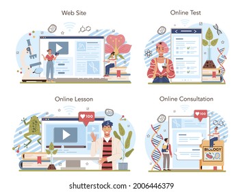 Biology school subject online service or platform set. Students exploring nature and living organism structure. Online lesson, test, consultation, website. Vector flat illustration