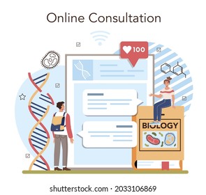 Biology School Subject Online Service Or Platform. Students Exploring Nature And Living Organism Structure. Online Consultation. Vector Flat Illustration