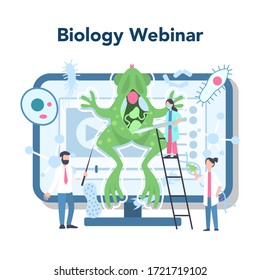 Biology school subject online webinar. Scientist exploring human and nature. Anatomy and botany lesson. Idea of education and experiment. Vector illustration in cartoon style