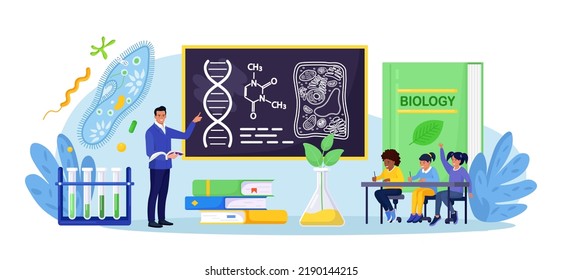 Biology school subject. Students exploring nature and living organism structure. Teacher standing at blackboard and explaining biological process to children. Academic education