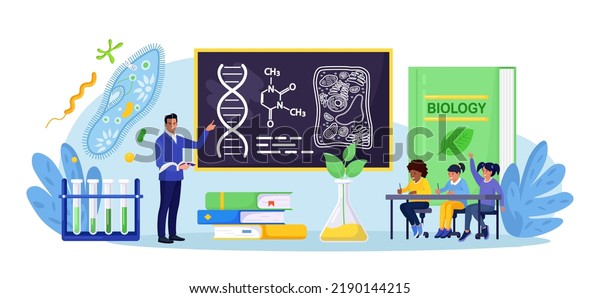 Biology school\
subject. Students exploring nature and living organism structure.\
Teacher standing at blackboard and explaining biological process to\
children. Academic\
education