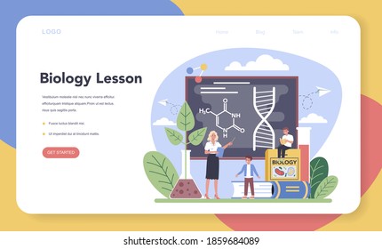 Biology school subject web banner or landing page. Scientist exploring human and nature. Anatomy and botany lesson. Idea of education and experiment. Vector illustration in cartoon style