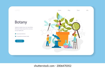 Biology school subject web banner or landing page. Botany lesson. Scientist exploring nature and plants. Idea of education and experiment. Vector illustration in cartoon style