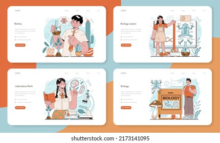 Biology school subject web banner or landing page set. Students exploring nature and living organism structure. Anatomy and botany lesson. Idea of academic education. Flat vector illustration