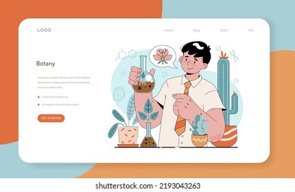 Biology school subject web banner or landing page. Students exploring nature and living organism structure. Anatomy and botany lesson. Idea of academic education. Flat vector illustration