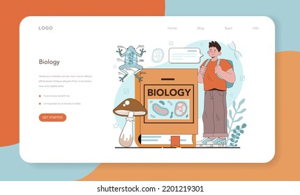 Biology school subject web banner or landing page. Students exploring nature and living organism structure. Anatomy and botany lesson. Idea of academic education. Flat vector illustration