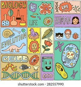 Biology Science Banners set. Color Hand Drawn Vector Illustrations.