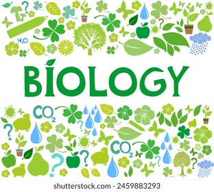 Biology. Science. Biology colorful illustration with doodle icons, biological images and objects. Colorful kid children education concept. Presentation, website. Interesting creative funny Biology