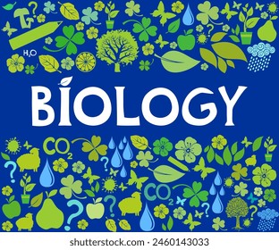 Biology. Science. Biology colorful illustration with doodle icons, biological images and objects. Colorful kid children education concept. Presentation, website. Interesting creative funny Biology