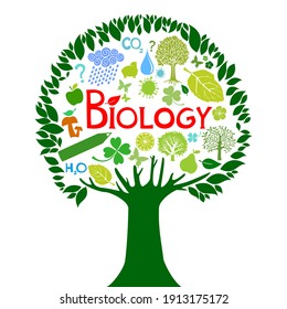 Biology. Science. colorful tree Biology illustration with doodle icons, biological images and objects, isolated on white background. Colorful kid, children education concept. Vector illustration