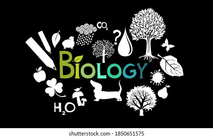Biology. Science. Biology colorful vector illustration with doodle icons, biological images and objects, isolated on black background. Kid chirldren education concept. Horizontal banner. Presentation.