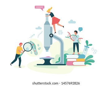 Biology science concept. People with microscope make laboratory analysis. Idea of education and experiment. Vector illustration in cartoon style
