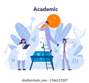 Biology science concept. Scientist make laboratory analysis of life system and living organisms. Idea of education and experiment. Vector illustration in cartoon style