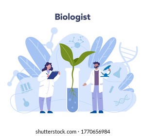 Biology Science Concept. Scientist Make Laboratory Analysis Of Life System And Living Organisms. Idea Of Education And Experiment. Vector Illustration In Cartoon Style