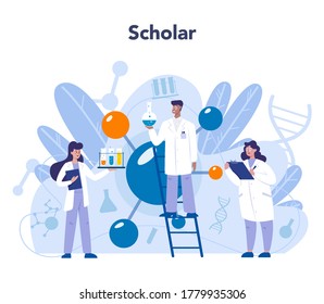 Biology science concept. Scientist make laboratory analysis of life system and living organisms. Idea of education and experiment. Vector illustration in cartoon style