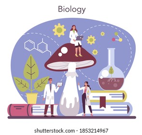 Biology science concept. Scientist make laboratory analysis of life system and living organisms. Idea of education and experiment. Vector illustration