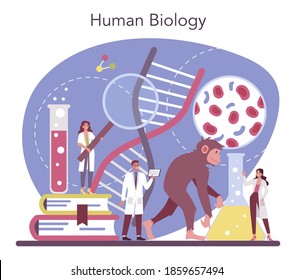 Biology science concept. Scientist make laboratory analysis of life system and living organisms. Idea of education and experiment. Human biology. Vector illustration