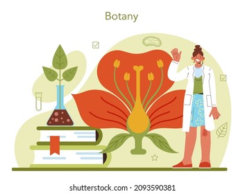 Biology science concept. Scientist make laboratory analysis of life system and living organisms. Botany researcher. Flat vector illustration