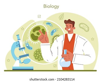 Biology science concept. Scientist make laboratory analysis of life system and living organisms. Botany and zoology researcher. Flat vector illustration