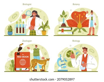 Biology science concept set. Scientist make laboratory analysis of life system and living organisms. Botany and zoology researcher. Flat vector illustration
