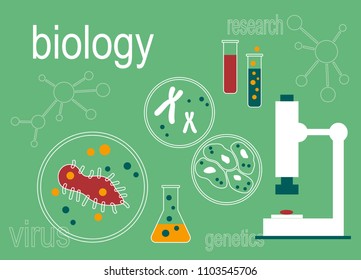 Biology science education concept  in flat style design. Biology school laboratory equipment.