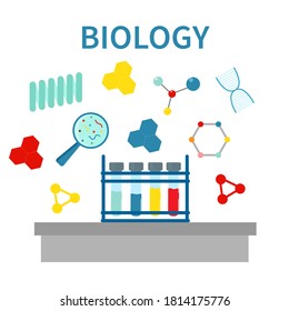 Biology science education concept poster in flat style. Biology school laboratory equipment. Vector illustration.