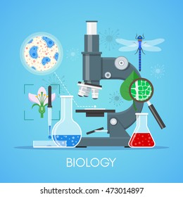 Biology science education concept vector poster in flat style design. Biology school laboratory equipment.