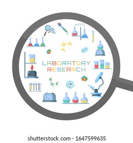 Biology science education the study virus, molecule, atom, dna. Chemical laboratory biology of science and technology. Flask, microscope, magnifier, telescope.Vector illustration. EPS 10.