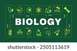 Biology science green word concept. School subject. Human anatomy. Genetics. Microbiology. Visual communication. Vector art with lettering text, editable glyph icons