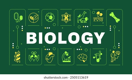 Concepto de palabra verde de la ciencia de la biología. Materia escolar. Anatomía humana. Genética. Microbiología. Comunicación visual. Arte vectorial con texto de letras, iconos de glifos editables