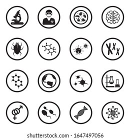 Biology Science Icons. Black Flat Design In Circle. Vector Illustration.