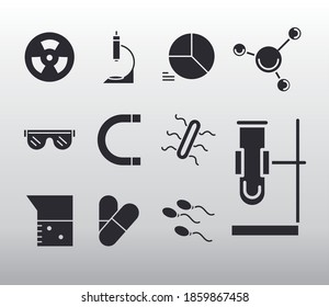 biology science laboratory flask mortar nuclear medicine element line icons set style vector illustration
