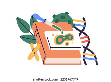 Ciencia de la biología, educación médica, concepto de genética. Composición de libros, genes, plantas y células. Investigación y estudio de biografía, enseñanza escolar, asignatura. Ilustración vectorial plana aislada en fondo blanco