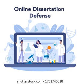 Servicio o plataforma en línea de ciencias de la biología. Los científicos hacen análisis de laboratorio del sistema de vida y organismos vivos. Defensa de postres en línea. Ilustración del vector