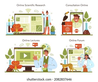 Biology science online service or platform set. Scientist make laboratory analysis of life system and living organisms. Online consultation, forum, lecture, research. Flat vector illustration