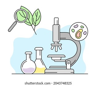 Ciencia y estudio de la biología con la ilustración de la línea de vectores de copos de microscopio y vidrio