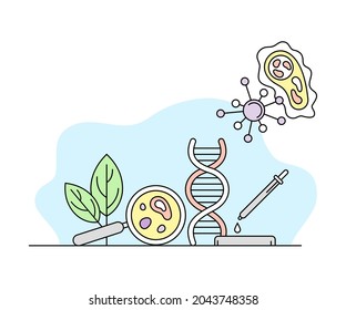 Biología Ciencia y estudio Conocimiento Organización con el ADN y aumento de la iluminación de la línea de vectores de vidrio